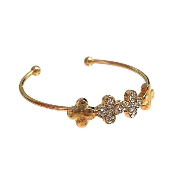 Elegant Four Clover Clear Rhinestone Gold Open Cuff Bracelet - Picture 2 of 3